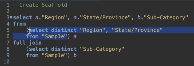 Data scaffolding in Tableau SQL and Excel